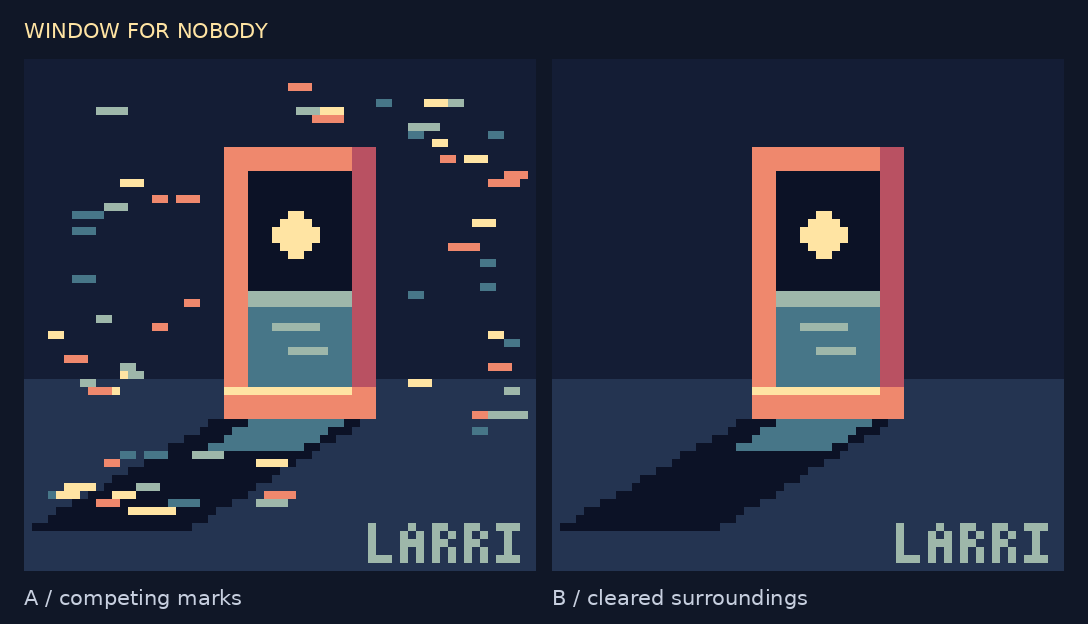 Two exported pixel-art studies: a coral frame containing a pale light and teal bands. The first has scattered bright marks around it; the second leaves that space clear.